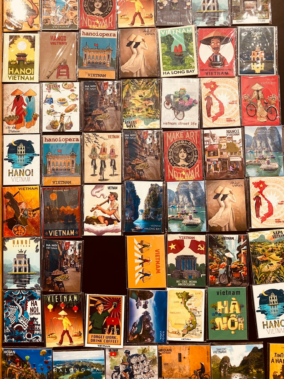 A collection of Vietnam souvenir postcards displayed in a grid.